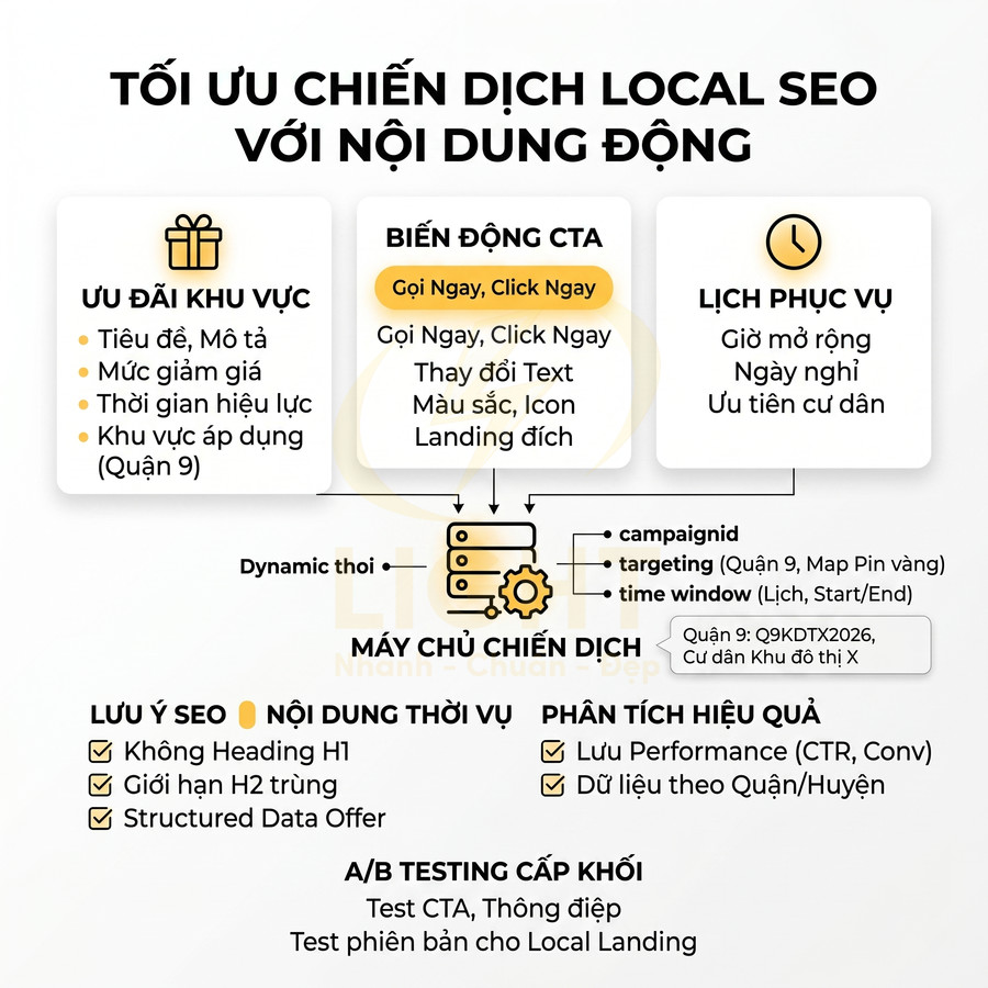 Hướng dẫn tối ưu chiến dịch Local SEO với nội dung động, tập trung ưu đãi khu vực, biến động CTA và lịch phục vụ