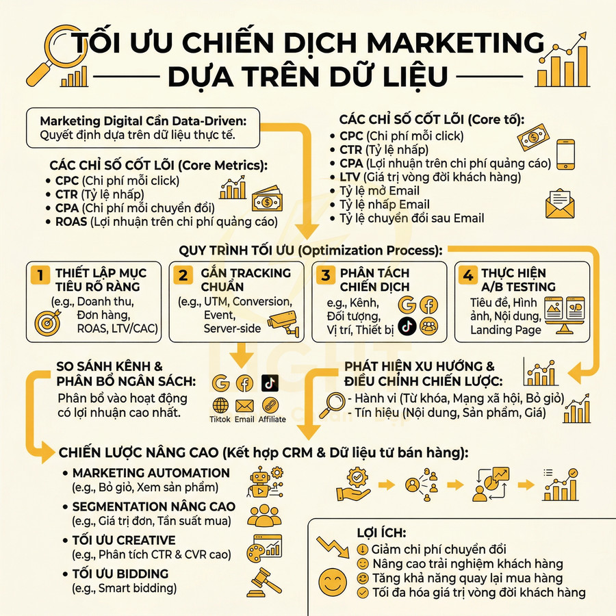 Infographic tối ưu chiến dịch marketing dựa trên dữ liệu với các chỉ số CPC, CTR, CPA, ROAS và quy trình tối ưu hóa