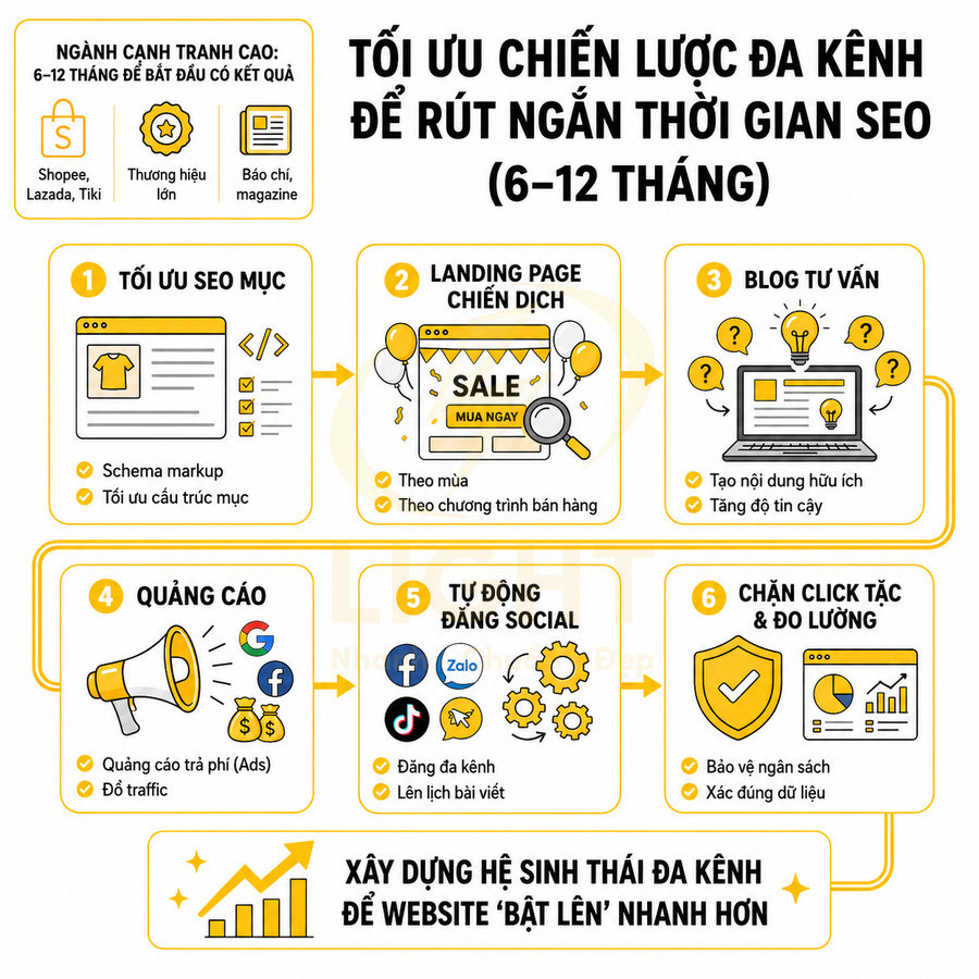 Infographic quy trình tối ưu chiến lược đa kênh để rút ngắn thời gian SEO cho website trong 6 đến 12 tháng