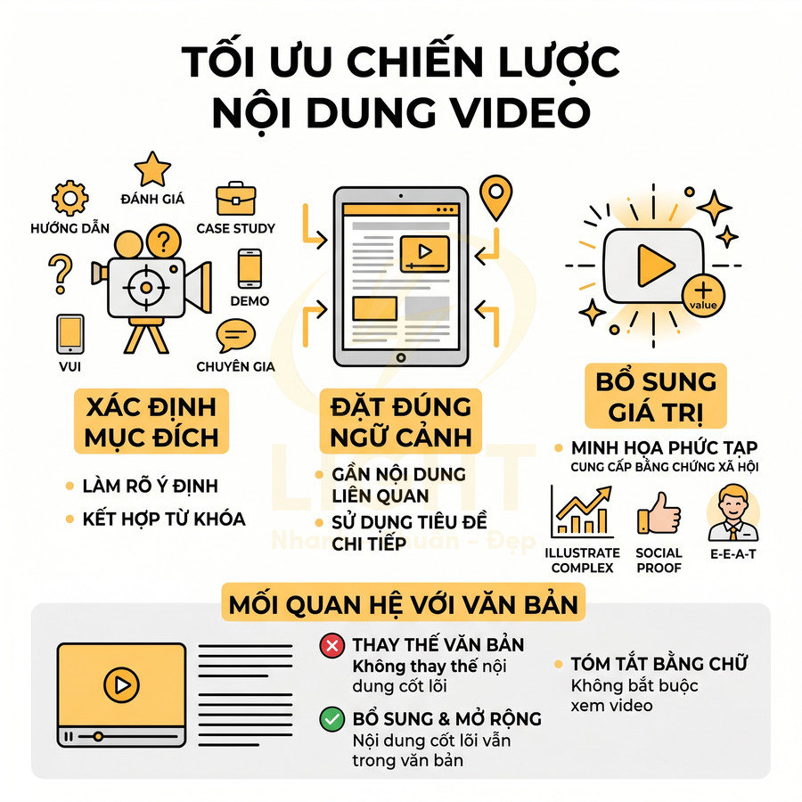 Infographic tối ưu chiến lược nội dung video với mục tiêu, ngữ cảnh, giá trị và mối quan hệ với văn bản