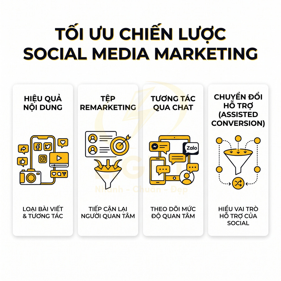 Mô hình tối ưu chiến lược social media marketing với nội dung, remarketing, chat và chuyển đổi hỗ trợ