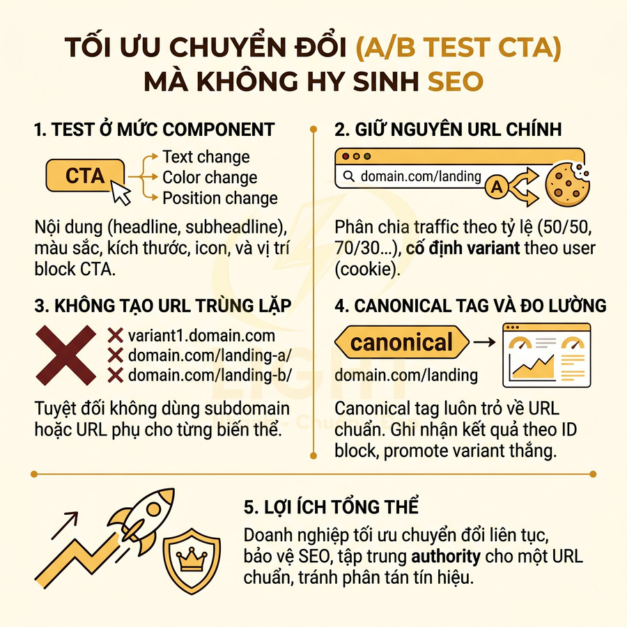 Infographic hướng dẫn tối ưu chuyển đổi A/B test CTA mà không ảnh hưởng SEO với 5 bước chi tiết