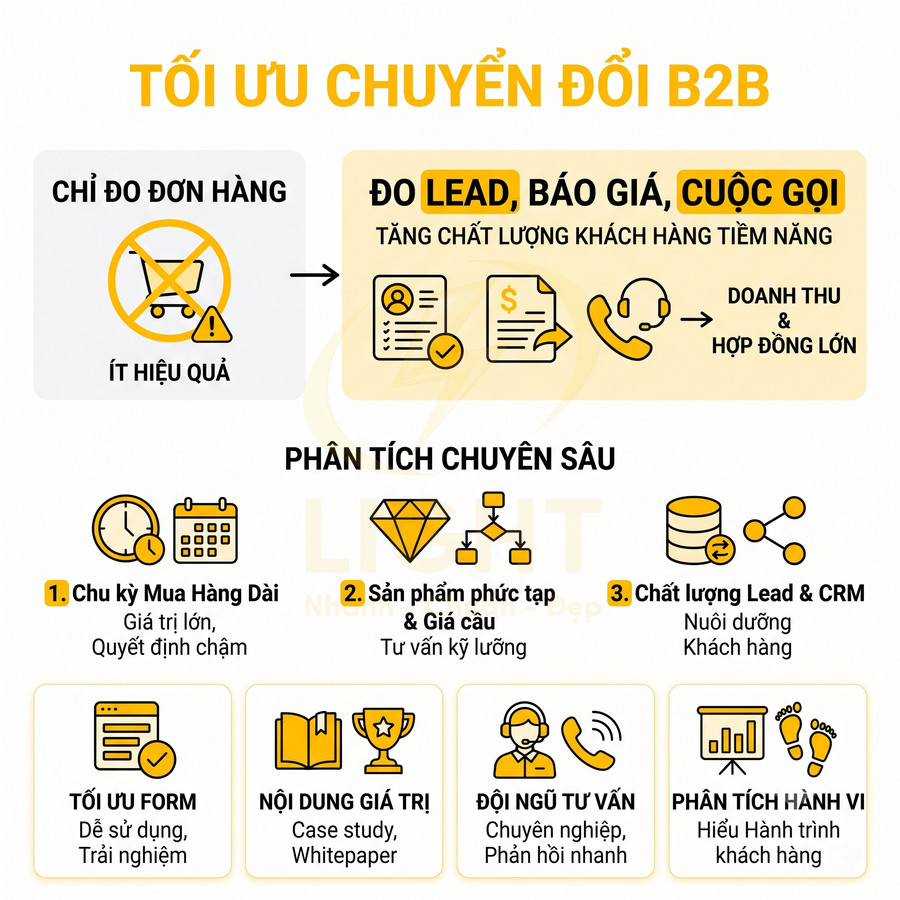 Infographic tối ưu chuyển đổi B2B với đo lead, báo giá, cuộc gọi và phân tích chuyên sâu chu kỳ mua hàng, sản phẩm, CRM