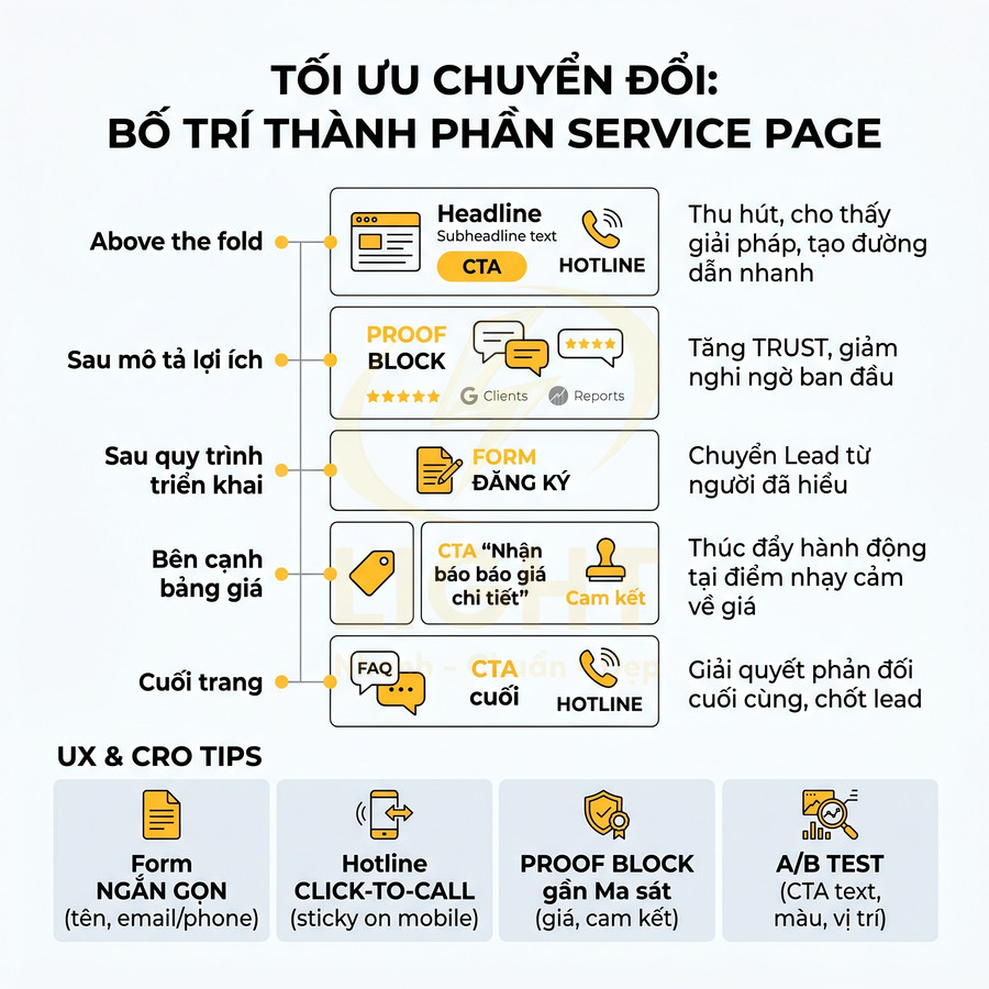 Infographic tối ưu chuyển đổi với bố trí CTA, form đăng ký, proof block và hotline trên service page marketing