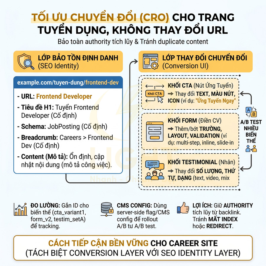 Infographic tối ưu chuyển đổi CRO cho trang tuyển dụng, tách lớp SEO Identity và Conversion UI, hướng dẫn A/B test CTA và form ứng tuyển