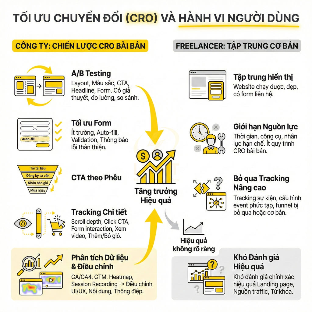Mô hình tối ưu chuyển đổi CRO so sánh chiến lược công ty và freelancer, nhấn mạnh tăng trưởng hiệu quả