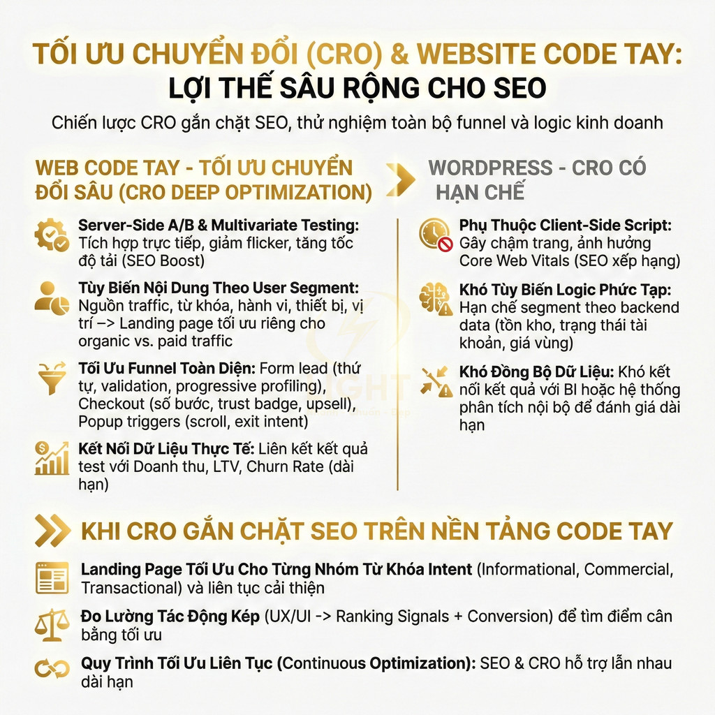Infographic so sánh tối ưu chuyển đổi CRO trên website code tay và WordPress, nhấn mạnh lợi thế SEO