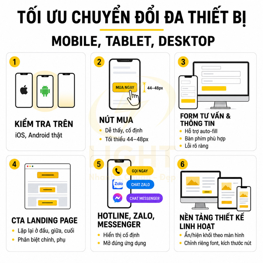Hướng dẫn tối ưu chuyển đổi đa thiết bị với nút mua, CTA, form tư vấn và hotline trên mobile, tablet, desktop
