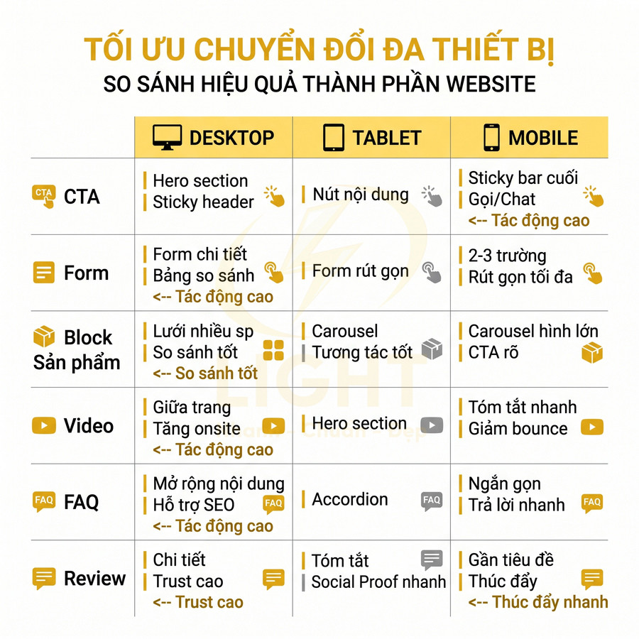 Bảng so sánh tối ưu chuyển đổi website trên desktop tablet mobile cho CTA form sản phẩm video FAQ review