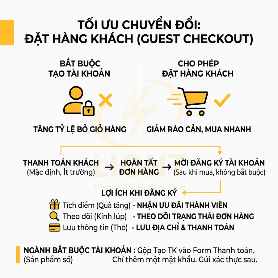Infographic tối ưu chuyển đổi với quy trình đặt hàng khách guest checkout và lợi ích khi đăng ký tài khoản mua sắm online