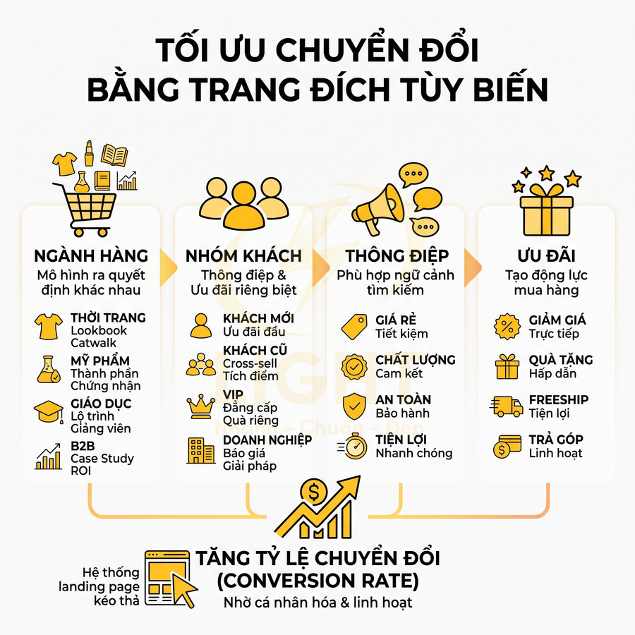 Infographic tối ưu chuyển đổi bằng trang đích tùy biến với ngành hàng, nhóm khách, thông điệp và ưu đãi chi tiết