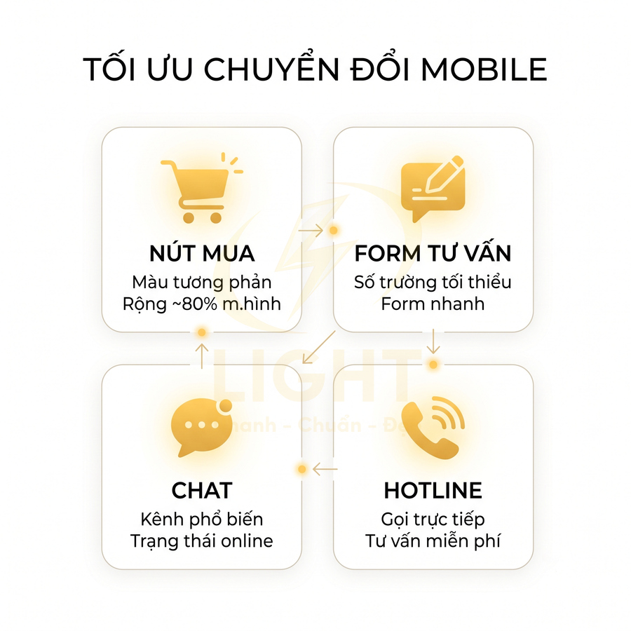 Sơ đồ tối ưu chuyển đổi mobile với nút mua, form tư vấn, chat và hotline màu vàng nổi bật