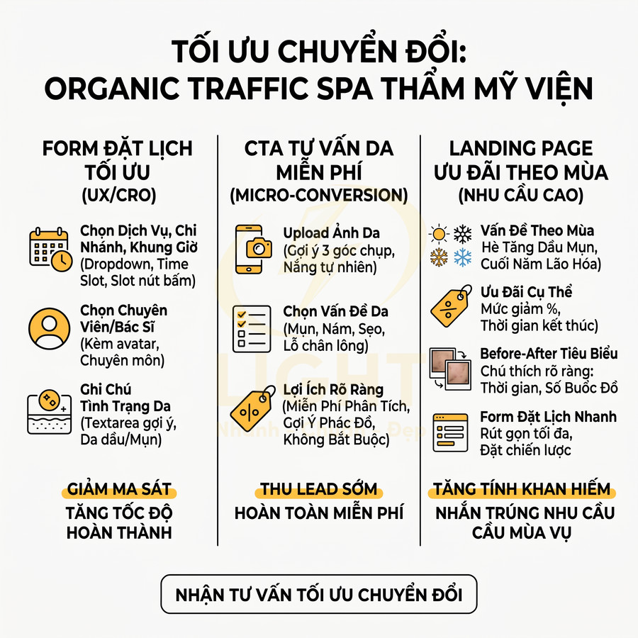 Hướng dẫn tối ưu chuyển đổi organic traffic cho spa thẩm mỹ viện với form đặt lịch, CTA tư vấn da và landing page ưu đãi
