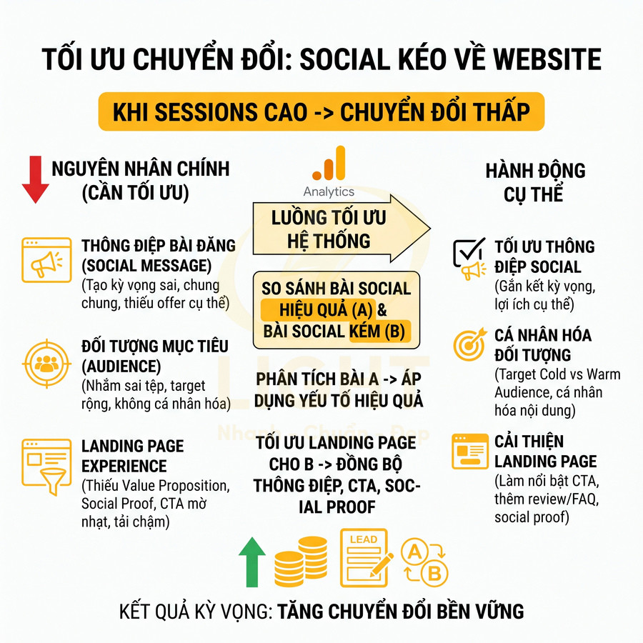 Infographic tối ưu chuyển đổi khi social kéo traffic về website với các bước phân tích và cải thiện landing page
