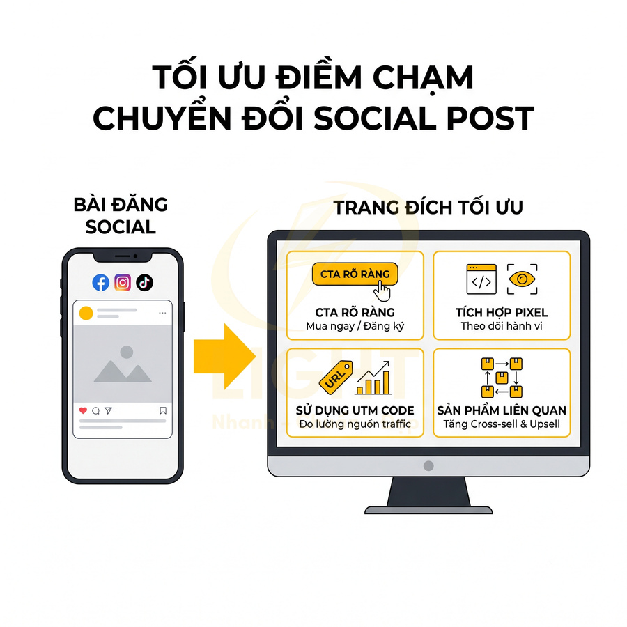 Minh họa tối ưu chuyển đổi từ bài đăng mạng xã hội sang trang đích với CTA rõ ràng, pixel, UTM và sản phẩm liên quan