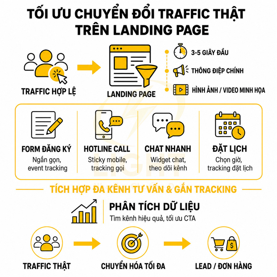 Infographic tối ưu chuyển đổi traffic thật trên landing page với form đăng ký, hotline, chat nhanh và đặt lịch
