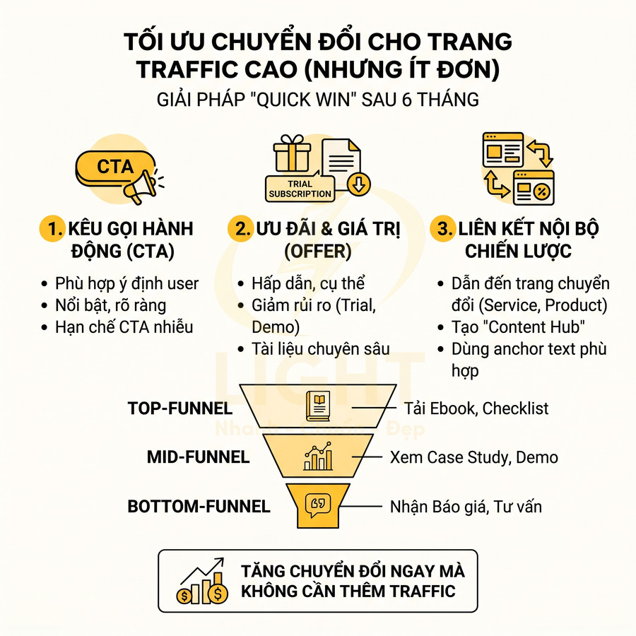 Infographic tối ưu chuyển đổi cho trang traffic cao với CTA, ưu đãi giá trị và liên kết nội bộ chiến lược