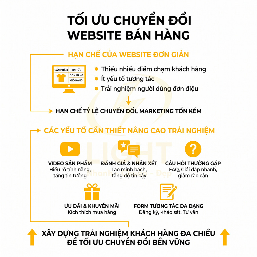 Infographic tối ưu chuyển đổi website bán hàng với video sản phẩm, đánh giá, ưu đãi, FAQ và form tương tác đa dạng