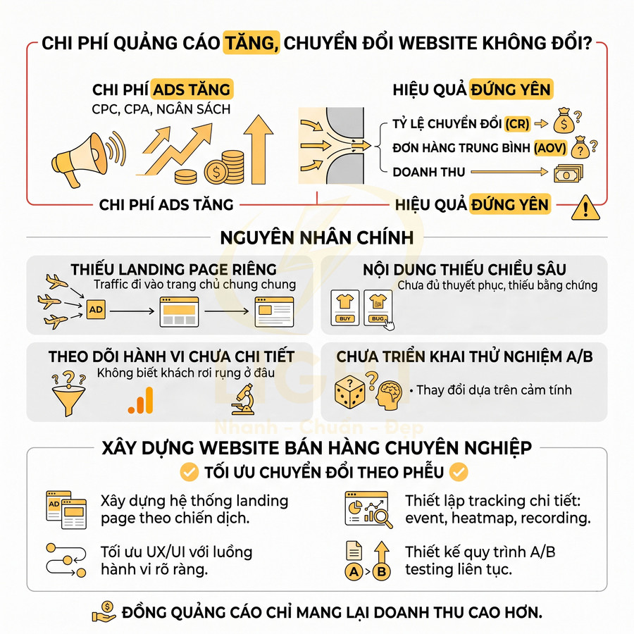 Infographic giải thích lý do chi phí quảng cáo tăng nhưng tỉ lệ chuyển đổi website không đổi và cách tối ưu website bán hàng