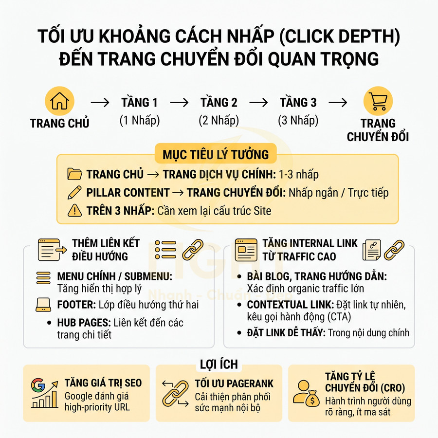 Infographic tối ưu click depth trong SEO với sơ đồ từ trang chủ đến trang chuyển đổi và các cách tăng internal link