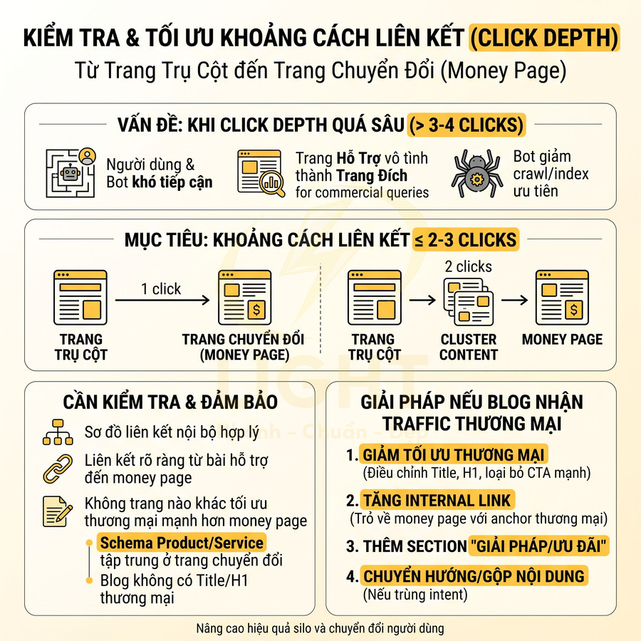 Infographic hướng dẫn tối ưu click depth và liên kết nội bộ từ trang trụ cột đến money page trong SEO