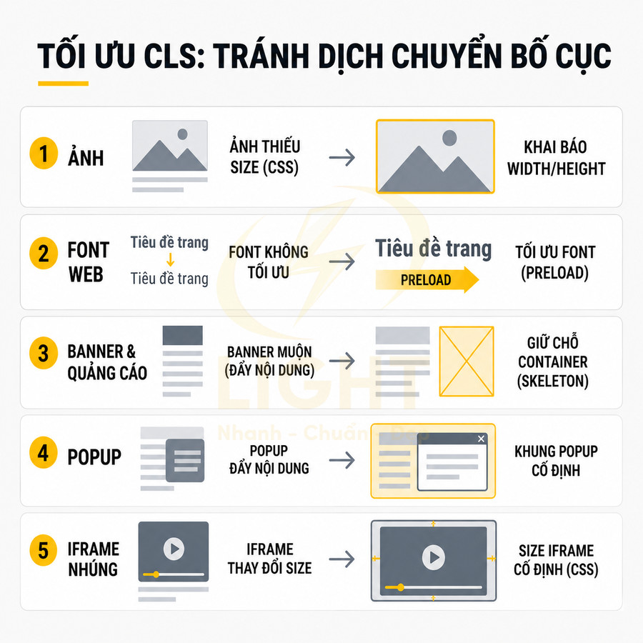 Infographic tối ưu CLS tránh dịch chuyển bố cục với 5 giải pháp cho ảnh, font, banner, popup và iframe
