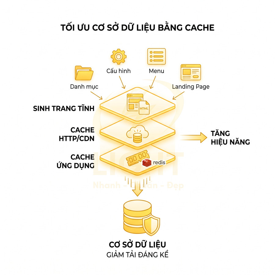Sơ đồ tối ưu cơ sở dữ liệu bằng cache ứng dụng, cache HTTP CDN và sinh trang tĩnh để tăng hiệu năng hệ thống
