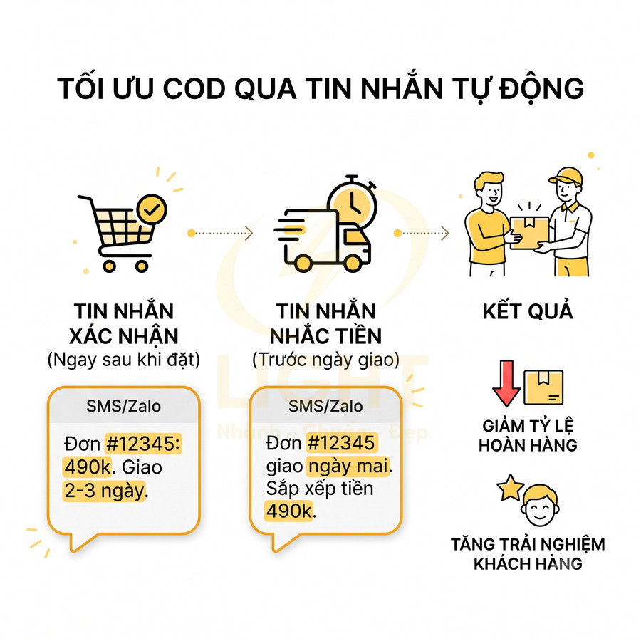 Quy trình tối ưu COD bằng tin nhắn tự động SMS Zalo giúp xác nhận đơn, nhắc thanh toán và giảm tỷ lệ hoàn hàng