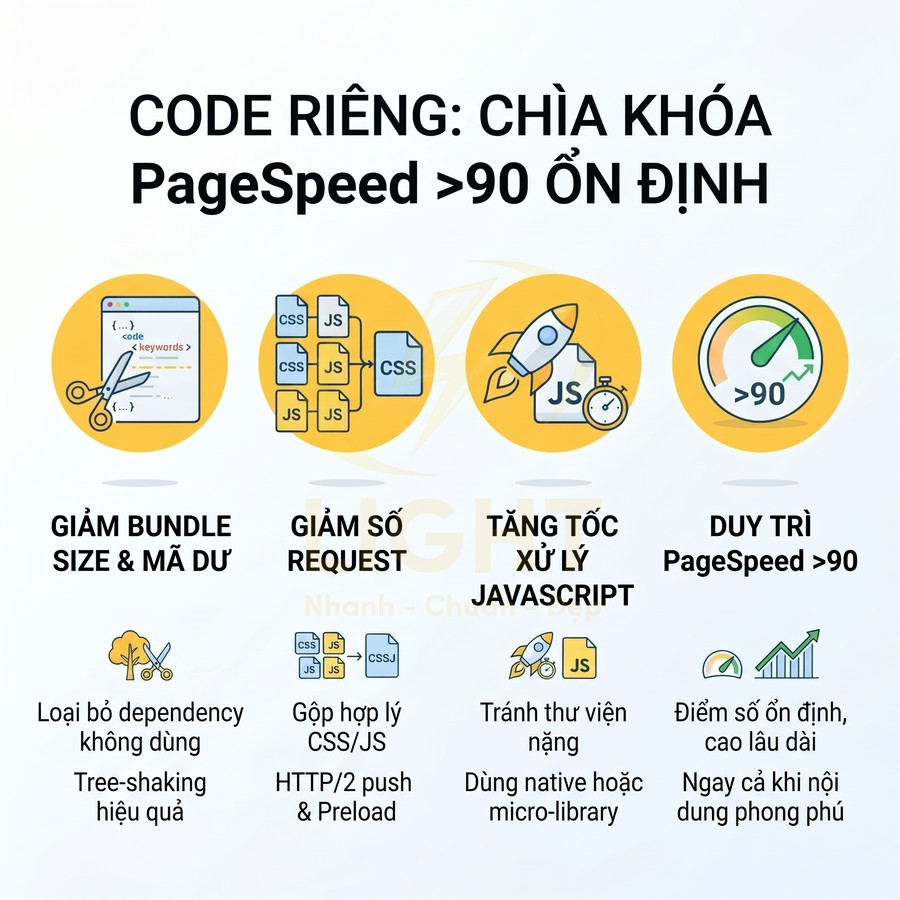 Infographic tối ưu code riêng để giảm bundle, giảm request, tăng tốc xử lý JavaScript và duy trì điểm PageSpeed trên 90
