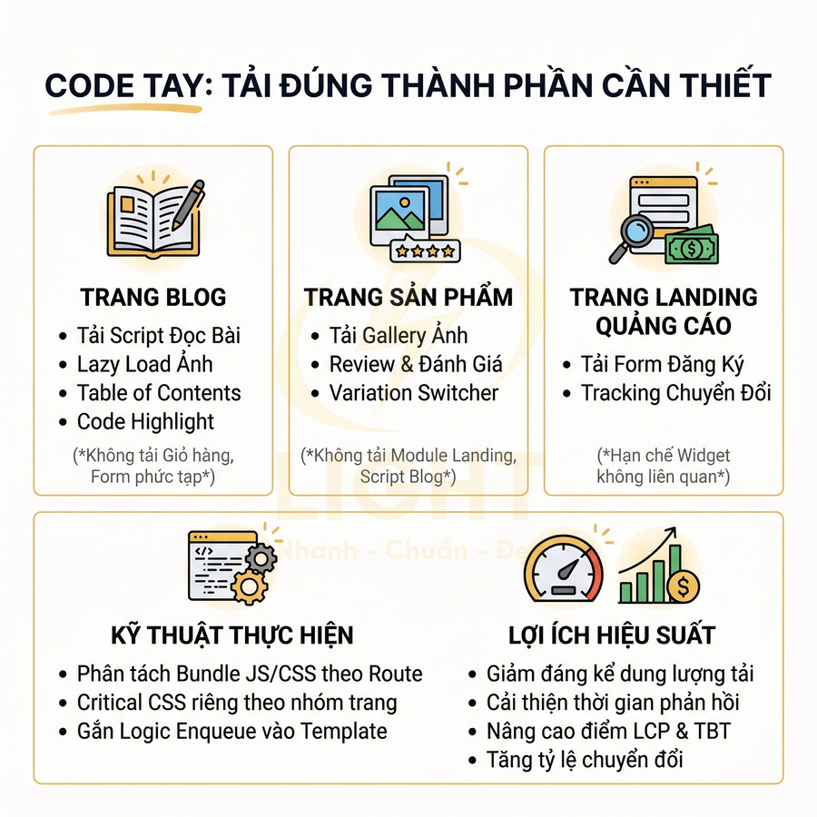 Infographic hướng dẫn tối ưu code tay cho trang blog, trang sản phẩm, landing page và kỹ thuật tăng hiệu suất web