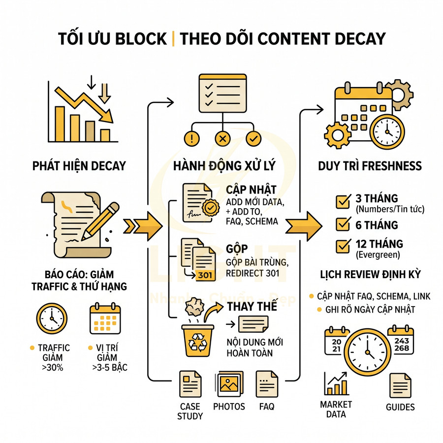 Quy trình tối ưu block theo dõi content decay với các bước phát hiện, xử lý, cập nhật và duy trì độ tươi mới nội dung