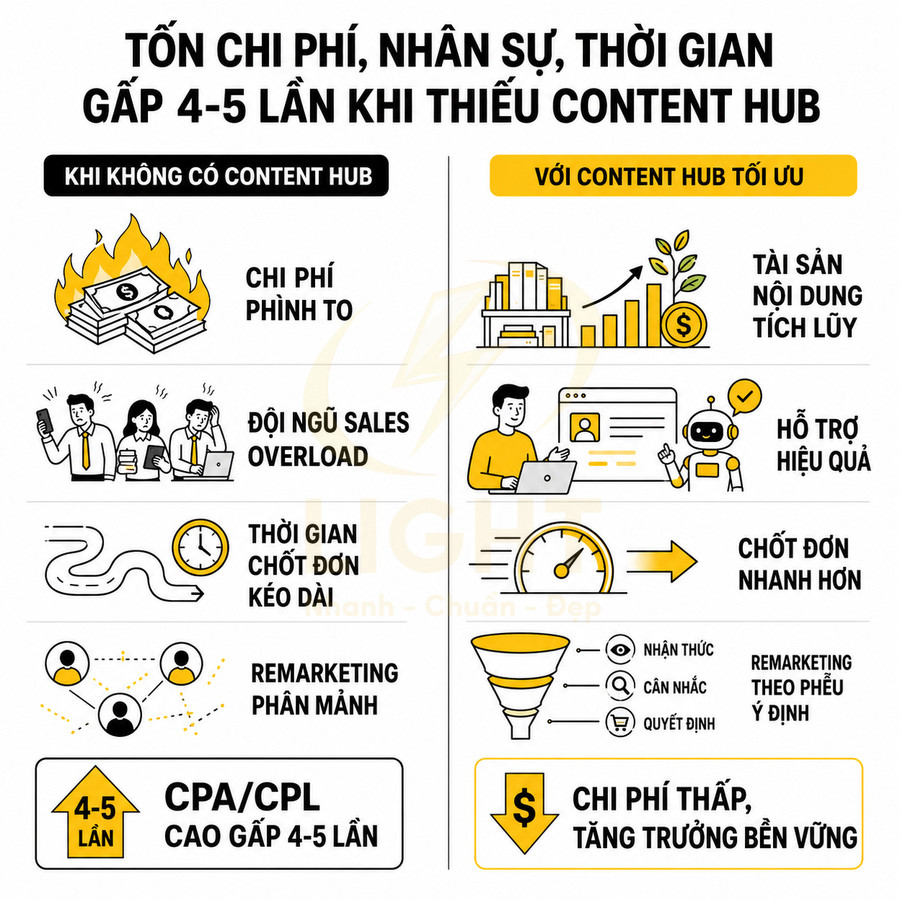 So sánh hiệu quả marketing khi không có content hub và khi tối ưu content hub về chi phí và chuyển đổi