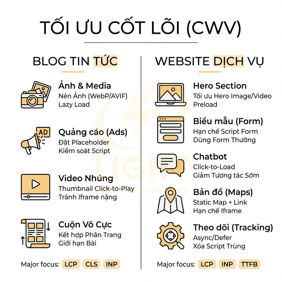 Infographic tối ưu Core Web Vitals cho blog tin tức và website dịch vụ với các mục ảnh, quảng cáo, video, chatbot, bản đồ