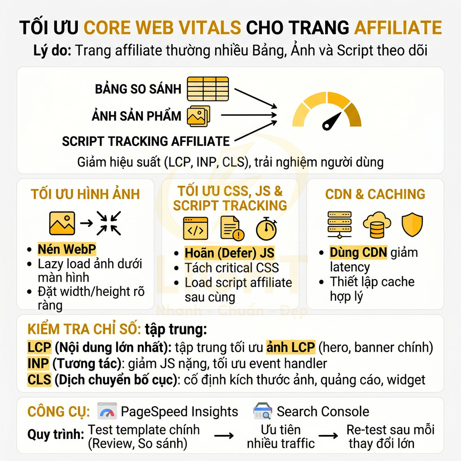 Hướng dẫn tối ưu Core Web Vitals cho trang affiliate với mẹo nén ảnh WebP, hoãn JS, dùng CDN và kiểm tra LCP INP CLS