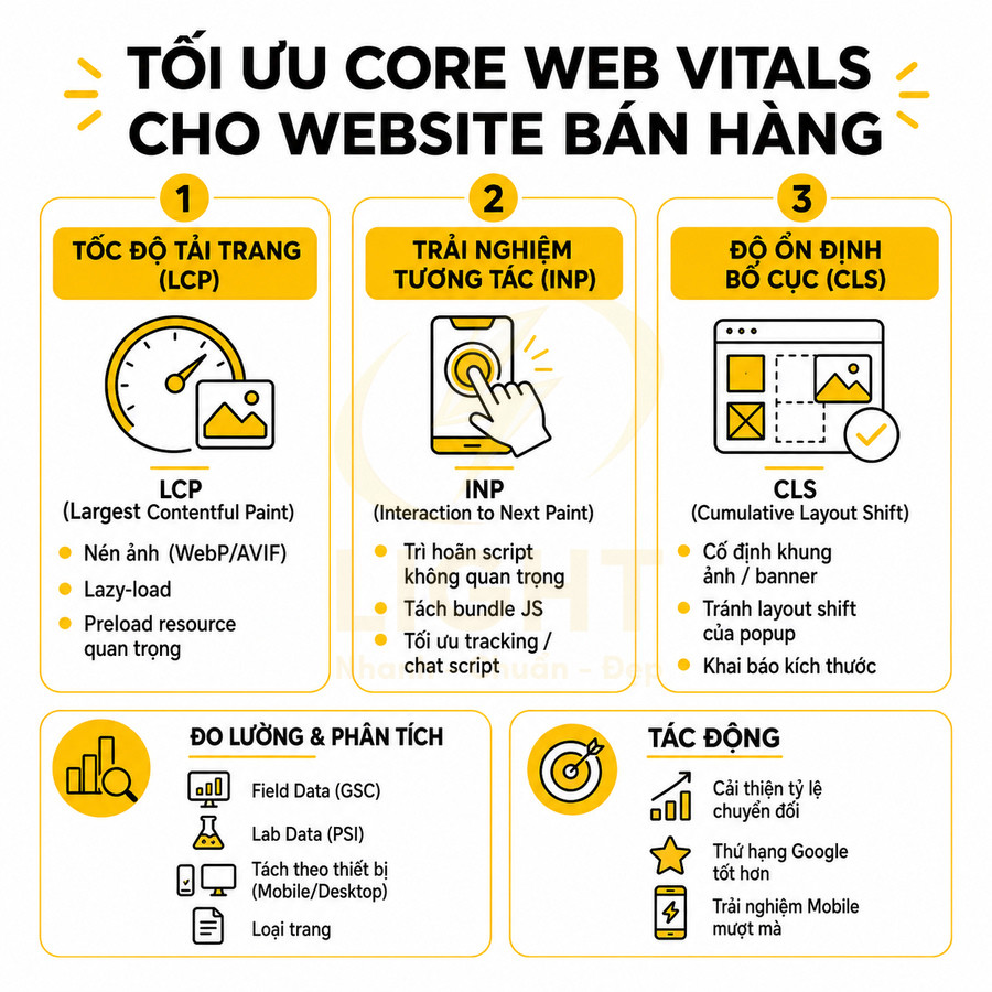 Infographic tối ưu Core Web Vitals LCP INP CLS cho website bán hàng và tác động đến chuyển đổi