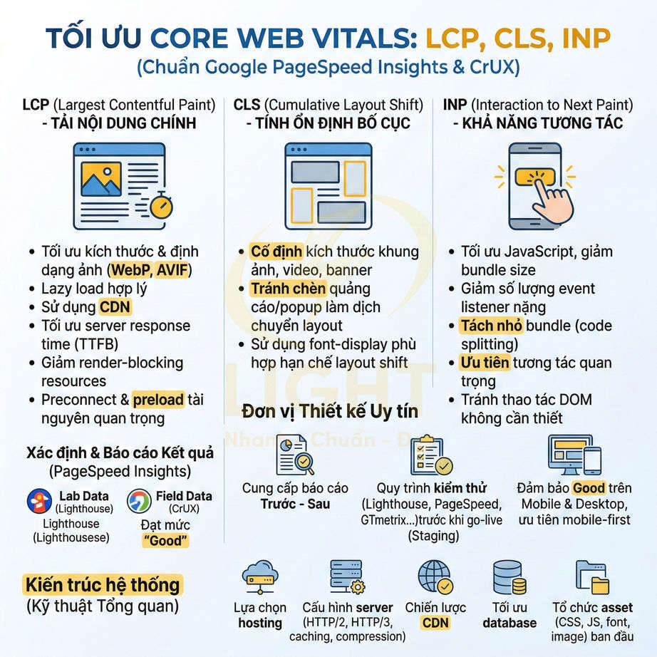 Hướng dẫn tối ưu Core Web Vitals LCP CLS INP theo chuẩn Google PageSpeed Insights bằng infographic tiếng Việt