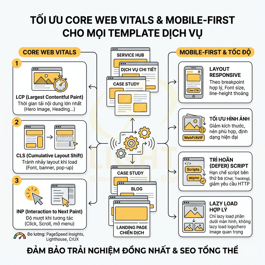 Infographic tối ưu Core Web Vitals và mobile first cho template dịch vụ, cải thiện tốc độ tải và trải nghiệm người dùng