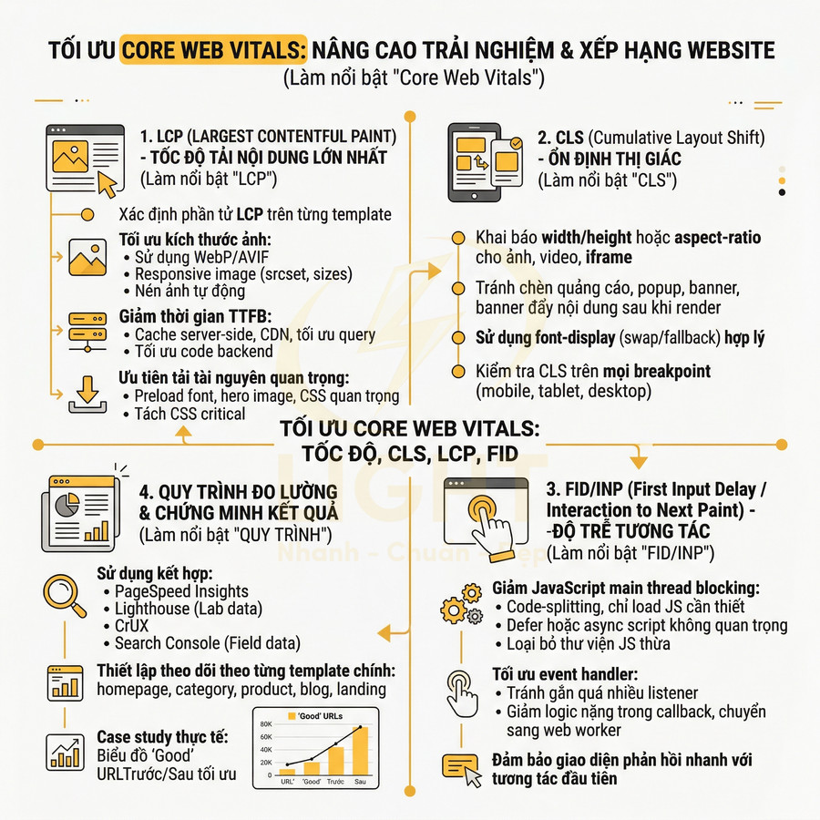 Hướng dẫn tối ưu Core Web Vitals LCP CLS FID để cải thiện tốc độ tải và trải nghiệm người dùng website