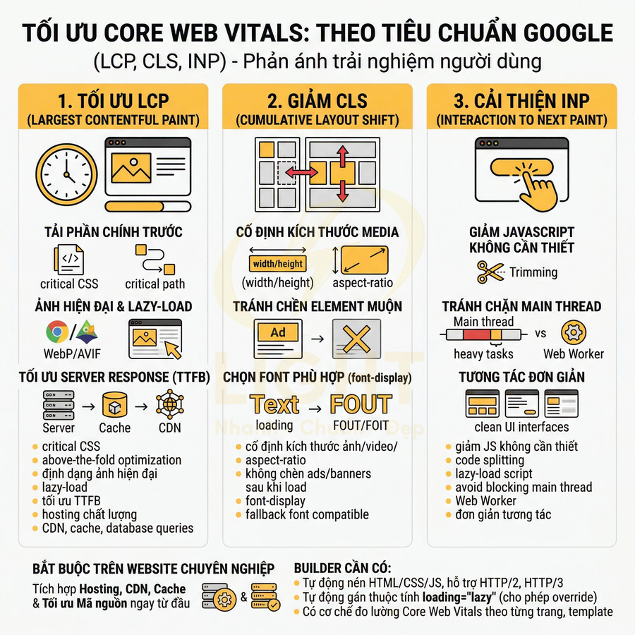 Hướng dẫn tối ưu Core Web Vitals LCP CLS INP theo tiêu chuẩn Google cho website chuyên nghiệp