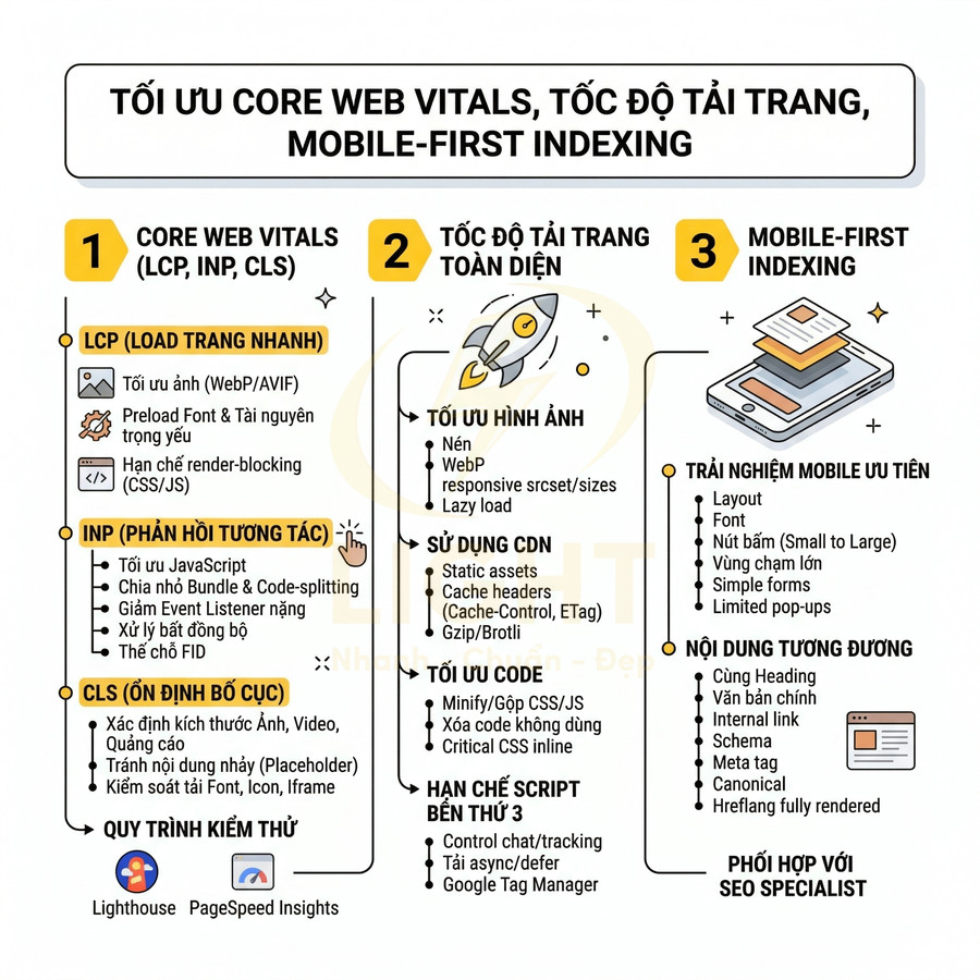 Infographic tối ưu Core Web Vitals, tốc độ tải trang và mobile first indexing cho website SEO