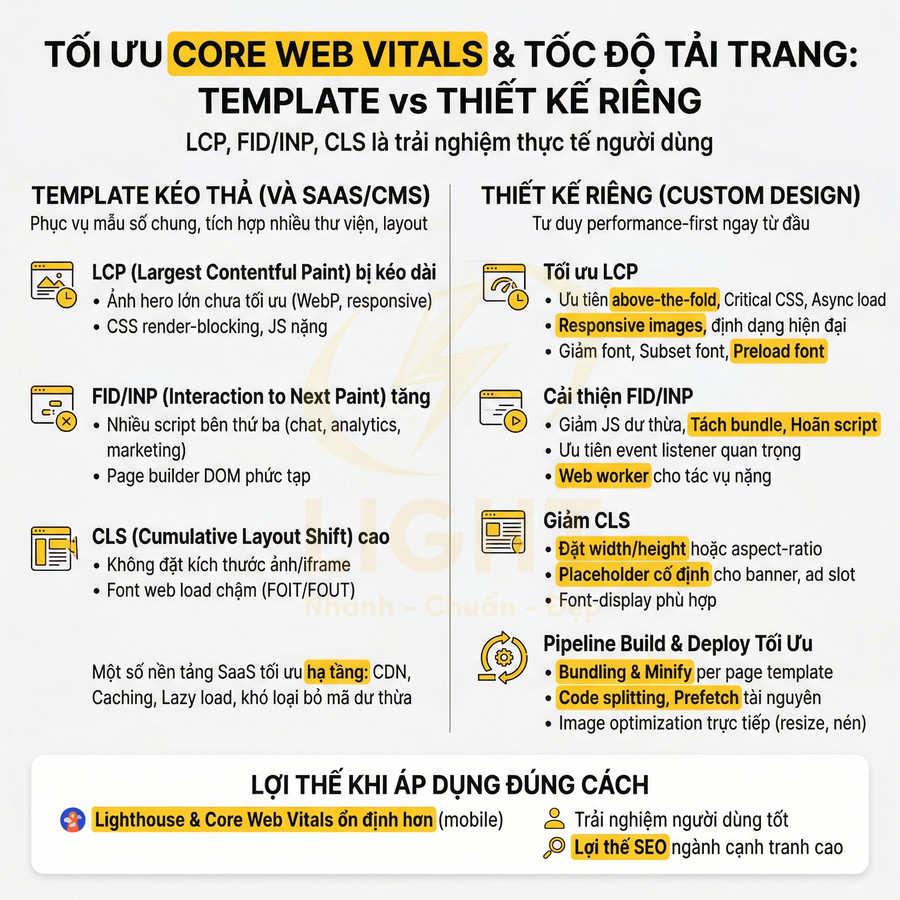 Infographic tối ưu Core Web Vitals và tốc độ tải trang so sánh template kéo thả với thiết kế web riêng