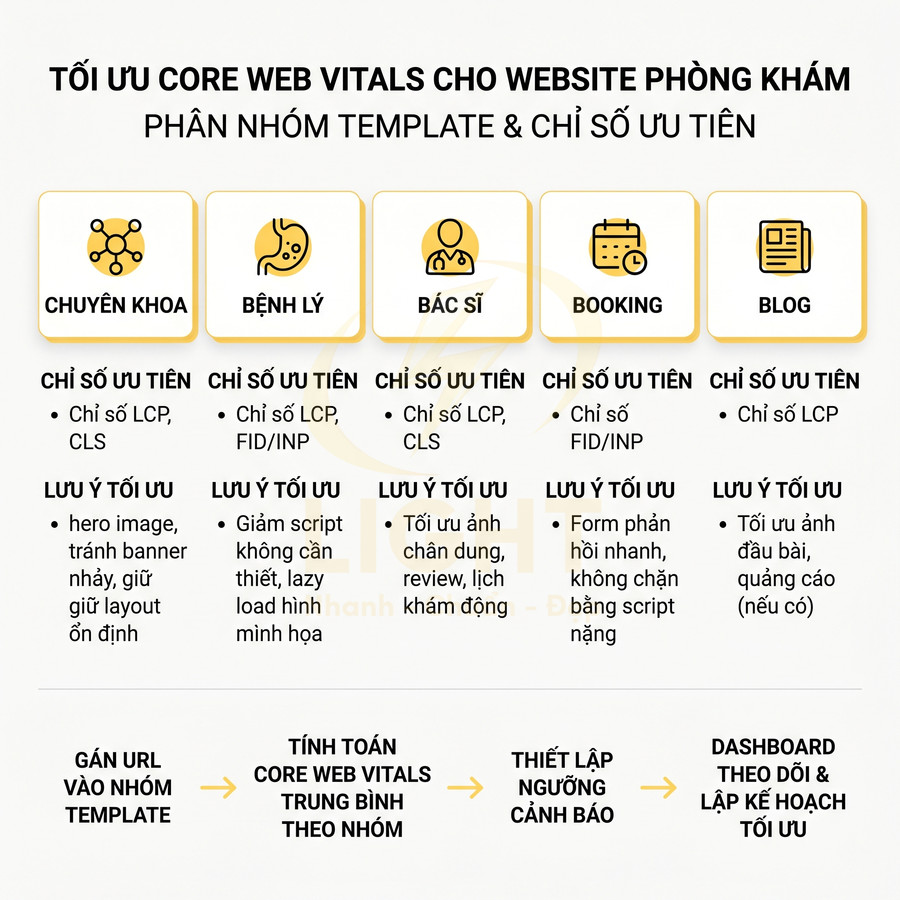 Hướng dẫn tối ưu Core Web Vitals cho website phòng khám theo nhóm template và chỉ số ưu tiên