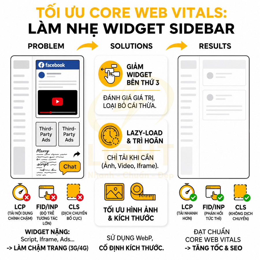 Hướng dẫn tối ưu Core Web Vitals bằng cách làm nhẹ widget sidebar, giảm widget bên thứ ba và tối ưu hình ảnh
