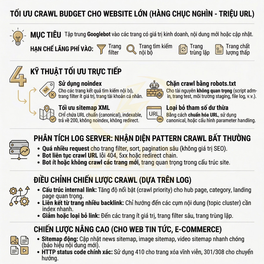 Infographic tối ưu crawl budget cho website lớn với kỹ thuật noindex, robots.txt, sitemap XML và phân tích log server