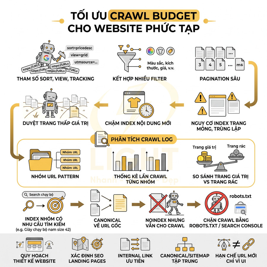 Infographic tối ưu crawl budget cho website phức tạp với các bước phân tích crawl log và nhóm URL SEO