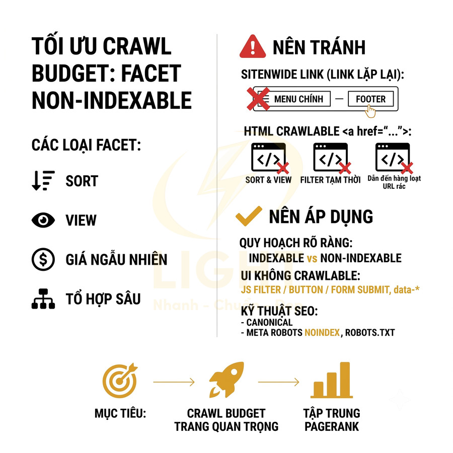 Hướng dẫn tối ưu crawl budget cho facet non indexable với các loại sort, view, giá ngẫu nhiên và kỹ thuật SEO liên quan