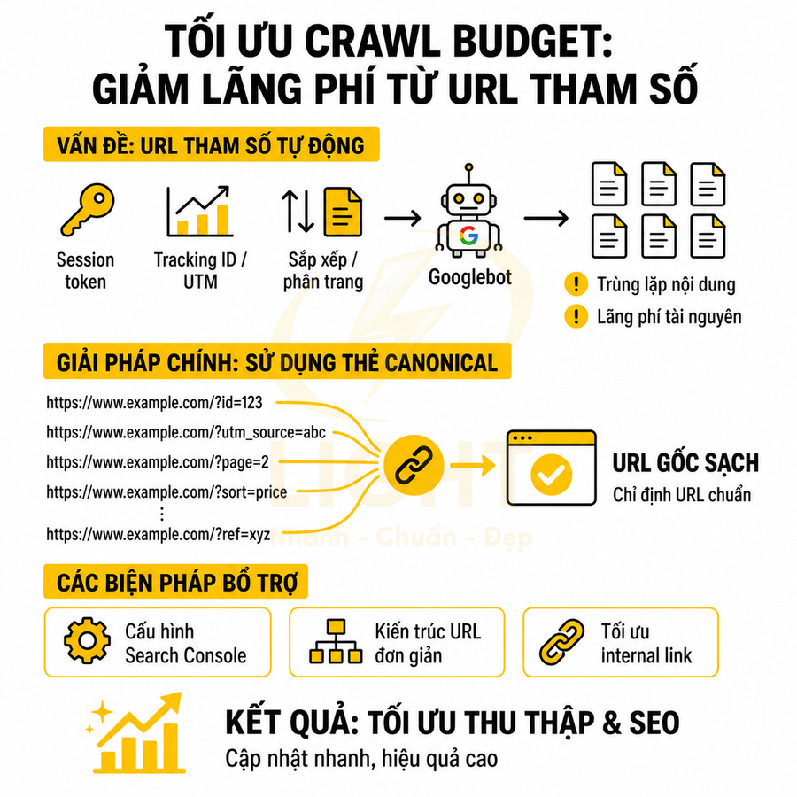 Infographic tối ưu crawl budget SEO bằng thẻ canonical, xử lý URL tham số và cấu hình Search Console