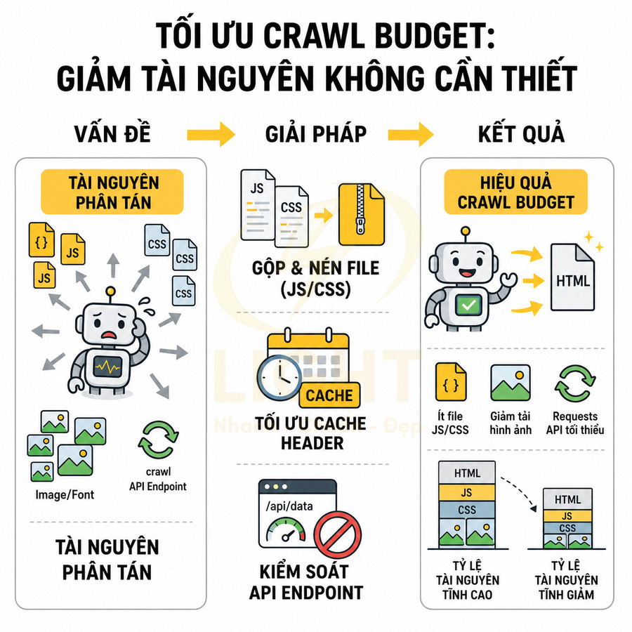 Infographic tối ưu crawl budget với robot SEO, gộp nén file JS CSS, tối ưu cache và kiểm soát API endpoint