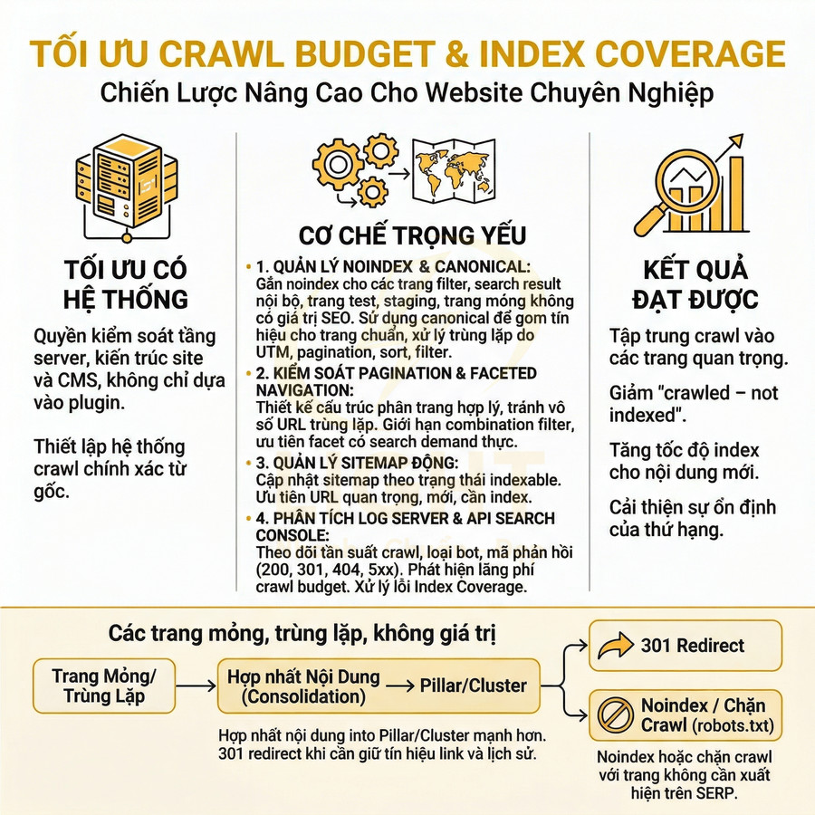Infographic tối ưu crawl budget và index coverage, hướng dẫn chiến lược SEO kỹ thuật cho website chuyên nghiệp