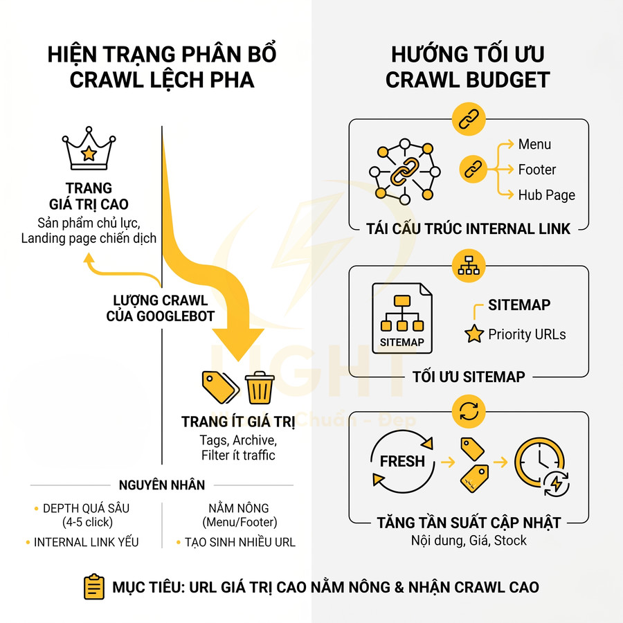 Hình minh họa hướng dẫn tối ưu crawl budget SEO với tái cấu trúc internal link, sitemap và tăng tần suất cập nhật nội dung